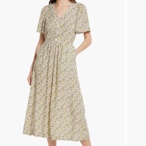 & Other Stories Floral Flutter Sleeve Midi Dress Tie Waist Cottagecore